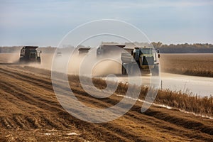 runoff from a crop field during the harvest season, with combines and trucks in the background