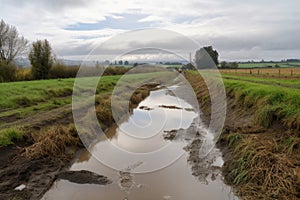 runoff from farm fields fills stream with cloudy, murky water