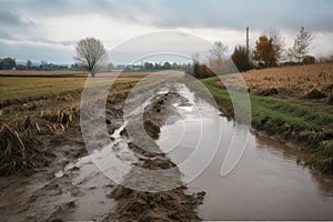 runoff from farm fields fills stream with cloudy, murky water