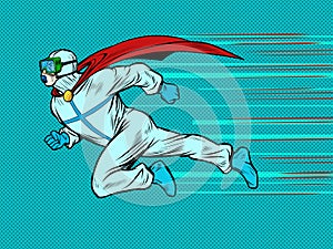 Runs to help superhero doctor man in protective suit, epidemic