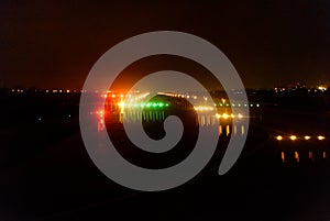 Runway lights at the airport.Photo blurry