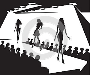 Runway models on fashion show in black and white