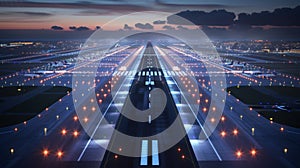 The runways and taxi lanes are lit up with an advanced lighting system guiding planes safely during takeoff and landing