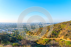Runyon Canyon Park Trail and Los Angeles View in California