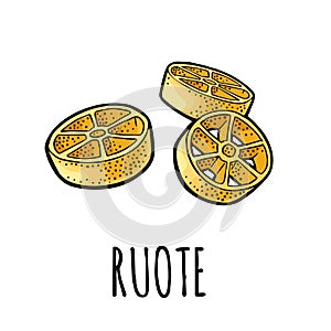 Ruote. Vector vintage engraving color illustration isolated on white background.