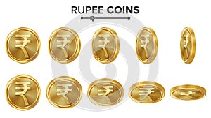 Rupee 3D Gold Coins Vector Set. Realistic Illustration. Flip Different Angles. Money Front Side. Investment Concept