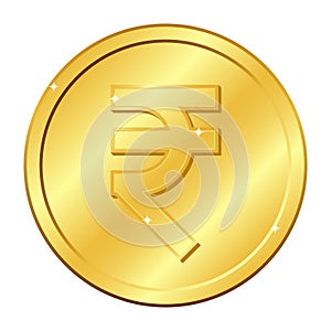 Rupee currency gold coin. Indian currency. Vector illustration isolated on white background. Editable elements and glare.