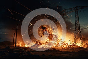 The rupture of a power line causing sparks to emanate from the severed wires