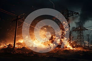 The rupture of a power line causing sparks to emanate from the severed wires