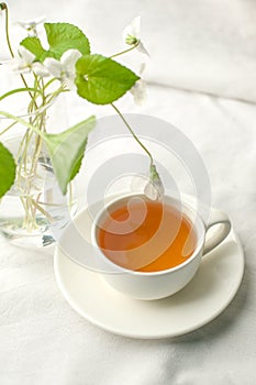 Rural abstract background with cup of tea, vase and spring white flowers. Rustic scene, minimal still life