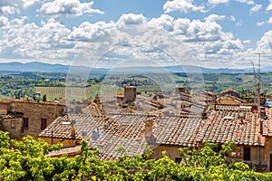 Rural aerial view over the rooftops of an old Italian village