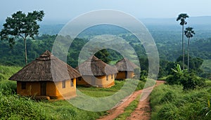 Rural African huts along dirt road