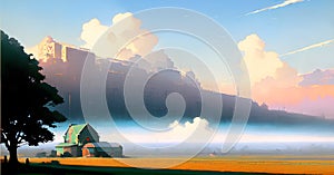 Rural Agricultural Farmland landscape with beautiful sunset. Countryside Farm Field with Barn. Generative ai