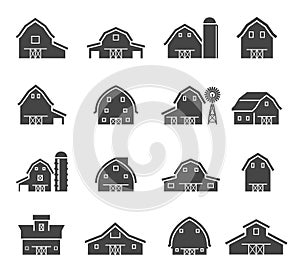 Rural barn building silhouettes glyph icons set