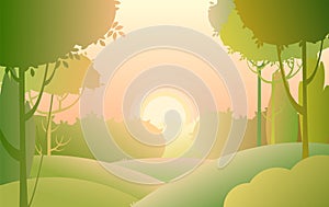 Rural beautiful landscape. Cartoon style. Sunset. Hills with grass and forest trees. Cool romantic beauty. Flat design
