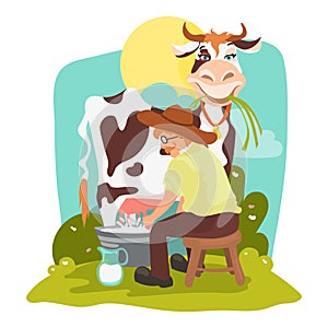 Rural beautiful landscape with farmer in the hat milking funny cow