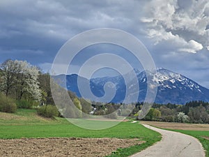 Rural carinthian countryside. Austria. Cloudy day in springtime.Carinthian mountain scenery. Austria. Wonderful place for hiking a