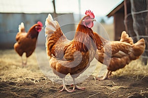 Rural Charm Red Rooster Leads Chickens in Scenic Paddock Search for Grains on a Picturesque Farm. created with Generative AI