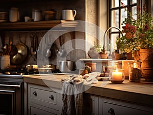 Rural cottage style kitchen filled with natural light and candlelight in wooden finishes. Natural style for comfortable family