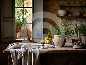 Rural cottage style kitchen filled with natural light with rough walls and wooden finishes. Linen table cloth and flowers on the
