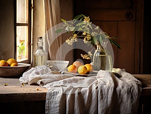 Rural cottage style kitchen filled with natural light with rough walls and wooden finishes. Linen table cloth and flowers on the