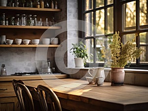 Rural cottage style kitchen filled with natural light with rough walls and wooden finishes. Linen table cloth and flowers on the