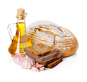 Rural country still life. Bread, sunflower oil