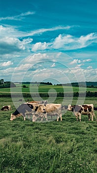 Rural dairy farm landscape with cows grazing on lush pasture