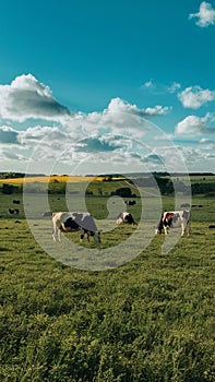 Rural dairy farm landscape with cows grazing on lush pasture