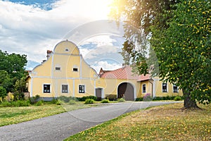 Rural decorated houses in Holasovice, Czech Republic. UNESCO World Heritage Site