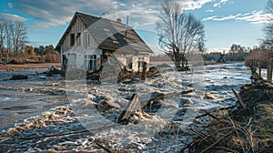 Rural Devastation: House and Debris in Floodwaters. Violent force of the floodwaters reshaping the landscape photo