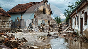 Rural Devastation: House and Debris in Floodwaters. Violent force of the floodwaters reshaping the landscape photo