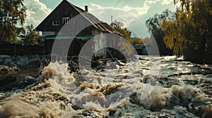 Rural Devastation: House and Debris in Floodwaters. Violent force of the floodwaters reshaping the landscape photo