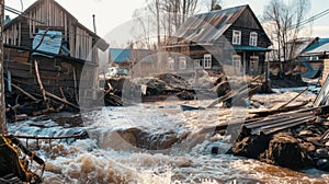 Rural Devastation: House and Debris in Floodwaters. Violent force of the floodwaters reshaping the landscape photo