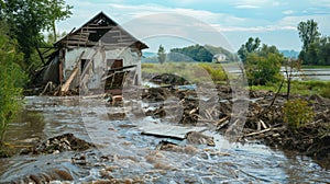 Rural Devastation: House and Debris in Floodwaters. Violent force of the floodwaters reshaping the landscape photo