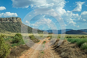 A rural dirt road leading off to distant mountains