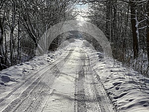 Rural dirt road among trees in winter conditions