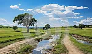 Rural Dirt Road With Water Puddle