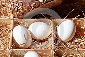 Rural Easter breakfast with eggs and fresh baked bread