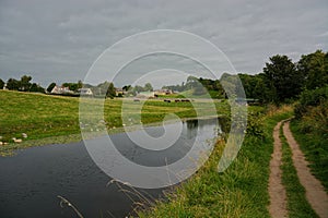 Rural England. River scene with livestock grazing.