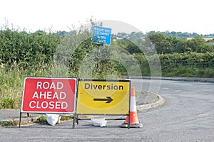 Rural English highway diversion signs