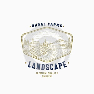 Rural Farm Abstract Vector Sign, Badge or Logo Template. Farm Landscape Sketch in a Frame with Retro Typography. Fields