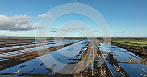 Rural Farm affected by Spring flooding featuring, livestock, flood water in 4k