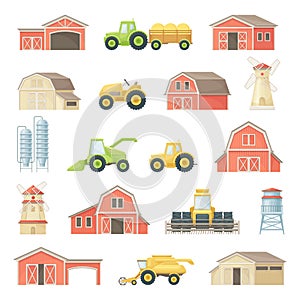 Rural Farm Building with Barn House and Harvest Machinery Big Vector Set