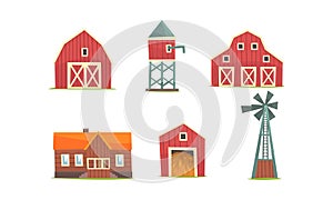 Rural Farm Buildings Collection, Agriculture Industry and Countryside Elements, House, Barn, Silo Tower, Windmill Vector