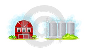 Rural farm buildings set. Red barn and silo tower vector illustration