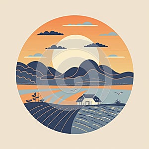 Rural Farm Illustration With Sunset And Sewing Elements