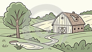 Rural Farm Landscape with Barn and Rolling Fields, vector design Generative AI