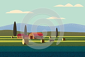 Rural farm landscape field country house, cows. Summer hills sunset farmland. Vector illustration trendy style noise