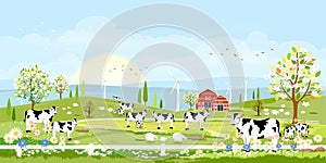 Rural farm landscape with green fields and barn animals cow, goats, sheep and windmills on hill with blue sky and clouds, Vector